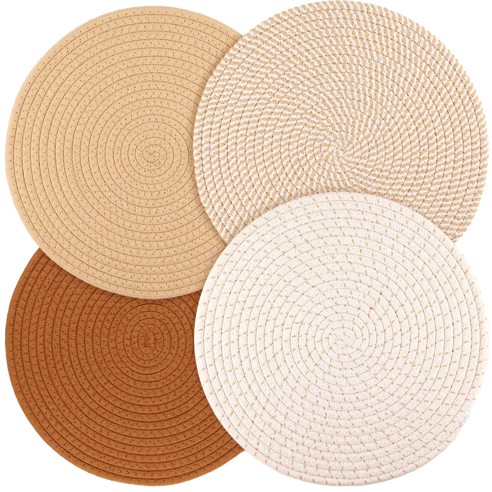 Billbotk Round Woven Placemats Set of 4, 13 Inches Kitchen Table Place Mats for Dining Table, Trivets for Hot Pots and Pans, Boho Table Setting Decor, Fall Decorations for Home