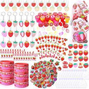 landical 194 pcs strawberry party favors, fruit strawberry theme pendant keychain silicone ring bracelet stickers tattoo sticker thank you tags organza bag stampers for baby shower birthday party