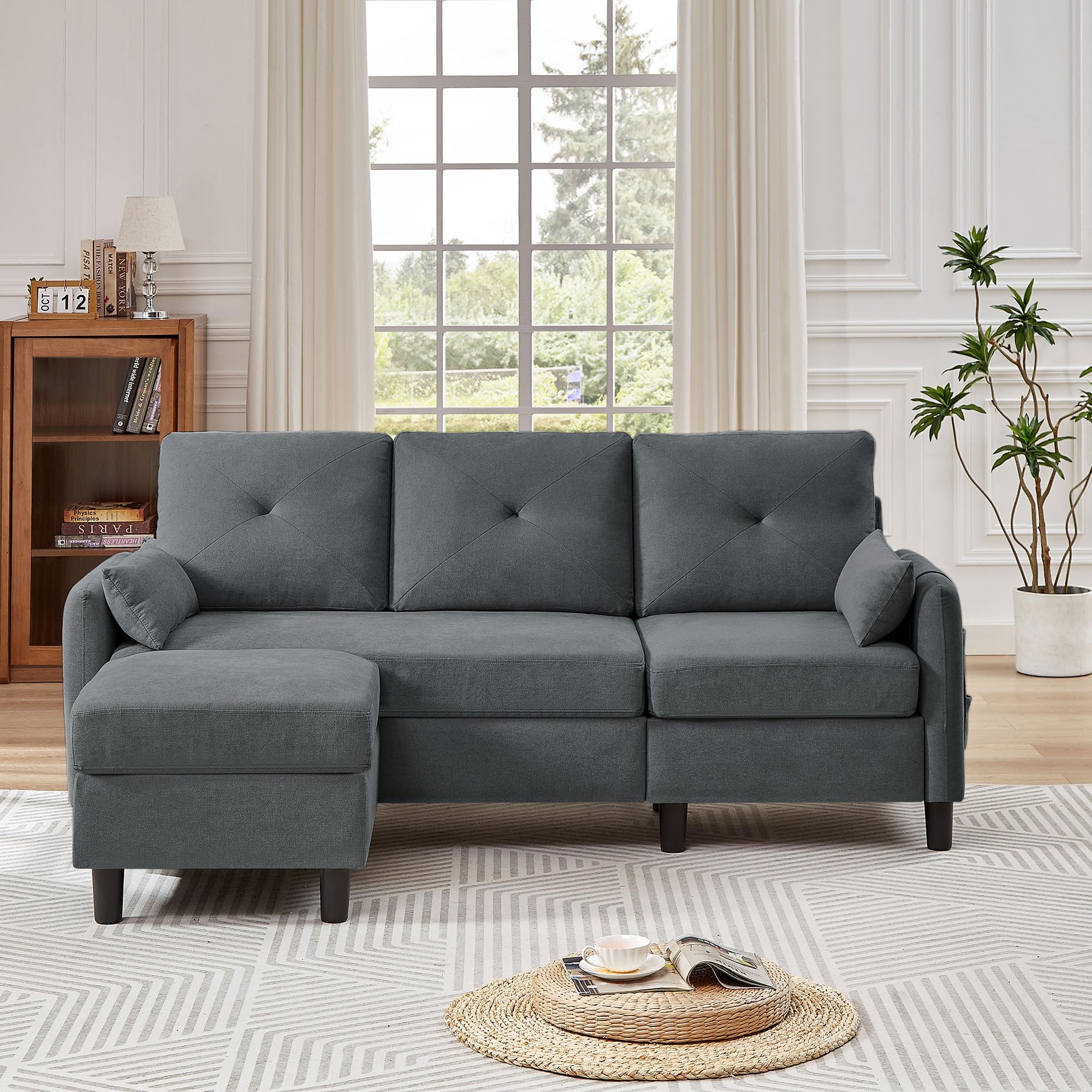 Pingliang Home Sectional Sofa Couches for Living Room, Convertible L Shaped Sofas 3-Seat Modular Couch with Reversible Chaise, Modern Linen (Dark Grey)