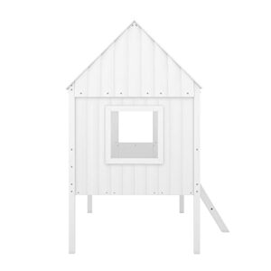 BOVZA Twin Playhouse Bed for Kids, Wood House Low Loft Bed with Two Side Windows and Roof for Girls and Boys Bedroom, White