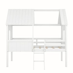 BOVZA Twin Playhouse Bed for Kids, Wood House Low Loft Bed with Two Side Windows and Roof for Girls and Boys Bedroom, White