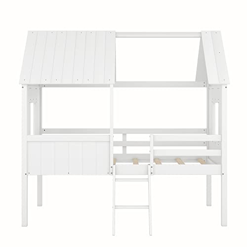 BOVZA Twin Playhouse Bed for Kids, Wood House Low Loft Bed with Two Side Windows and Roof for Girls and Boys Bedroom, White