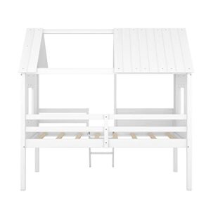 BOVZA Twin Playhouse Bed for Kids, Wood House Low Loft Bed with Two Side Windows and Roof for Girls and Boys Bedroom, White