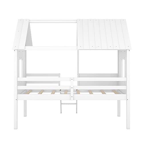 BOVZA Twin Playhouse Bed for Kids, Wood House Low Loft Bed with Two Side Windows and Roof for Girls and Boys Bedroom, White