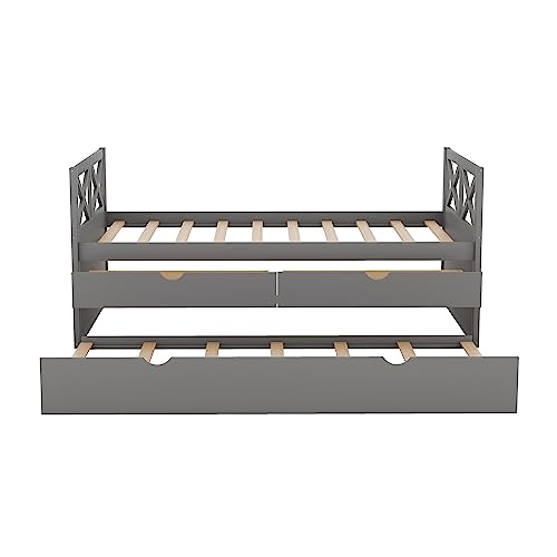 DEYOBED Twin Size Daybed with 2 Storage Drawers and Trundle, Solid Wood Twin Captains Bed Frame for Bedroom and Living Room, Gray