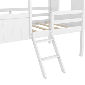 BOVZA Twin Playhouse Bed for Kids, Wood House Low Loft Bed with Two Side Windows and Roof for Girls and Boys Bedroom, White