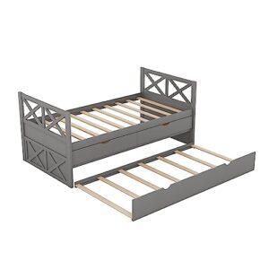 DEYOBED Twin Size Daybed with 2 Storage Drawers and Trundle, Solid Wood Twin Captains Bed Frame for Bedroom and Living Room, Gray