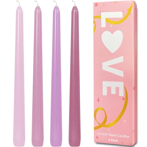 Topsics 10 Inch Pink Taper Candle Set of 4, Purple Taper Candles Candlesticks for Mother's Day, Valentine's Day, Unscented Smokeless Long Tall Tapered Candles for Party, Wedding