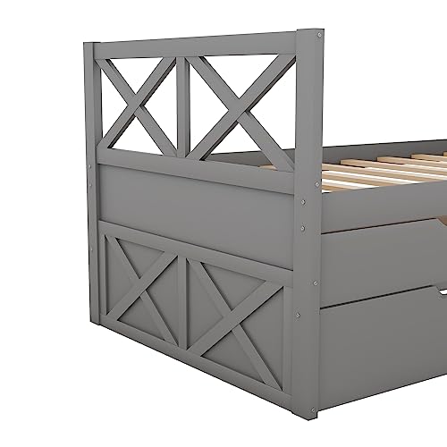 DEYOBED Twin Size Daybed with 2 Storage Drawers and Trundle, Solid Wood Twin Captains Bed Frame for Bedroom and Living Room, Gray