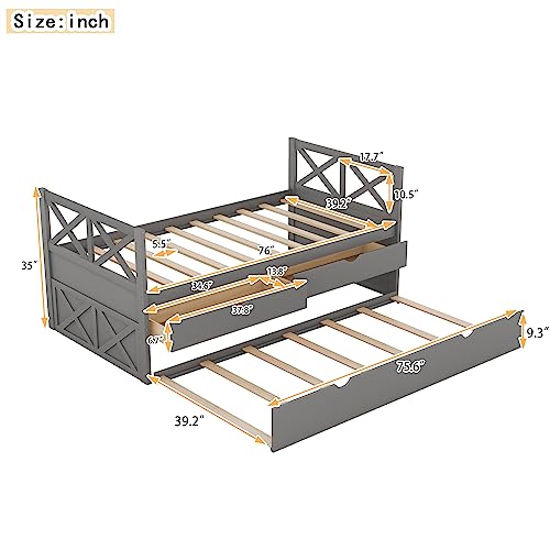 DEYOBED Twin Size Daybed with 2 Storage Drawers and Trundle, Solid Wood Twin Captains Bed Frame for Bedroom and Living Room, Gray