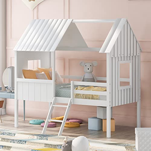 BOVZA Twin Playhouse Bed for Kids, Wood House Low Loft Bed with Two Side Windows and Roof for Girls and Boys Bedroom, White