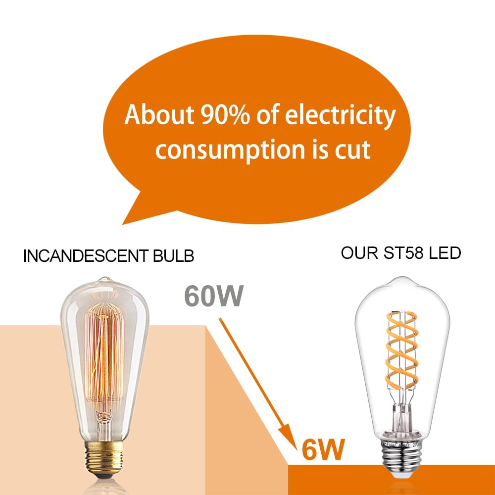 Austin Coast 12 PCS Dimmable Vintage LED Edison Bulbs, 6W Equivalent 60 Watt, Warm White 2700K, Antique Flexible Spiral LED Filament Light Bulb, ST58 (ST19), 600 Lumens, E26 Base, Clear Plastic