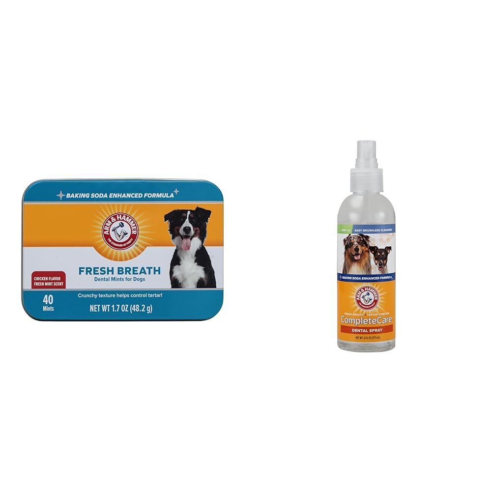 Arm & Hammer for Pets Dental Bundle: Fresh Breath Dental Mints in Chicken Flavor, 40 Count and Complete Care Dental Spray in Mint Flavor, 6 Fl Oz | Baking Soda Enhanced Formula