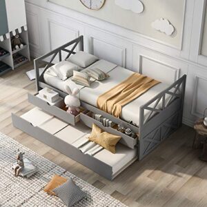 DEYOBED Twin Size Daybed with 2 Storage Drawers and Trundle, Solid Wood Twin Captains Bed Frame for Bedroom and Living Room, Gray