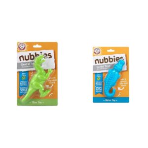 arm & hammer for pets nubbies dental dog toy bundle: denta-saurus t-rex & gator chew toys in mint flavor | reduces plaque & tartar, for tough & moderate chewers