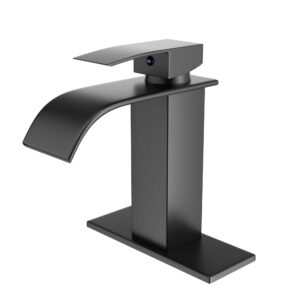 basdehen black waterfall spout bathroom faucet, stainless steel single hole bathroom sink faucet, rv vanity faucet with deck plate, 1-hole or 3-hole bathroom sink faucet (matte black)