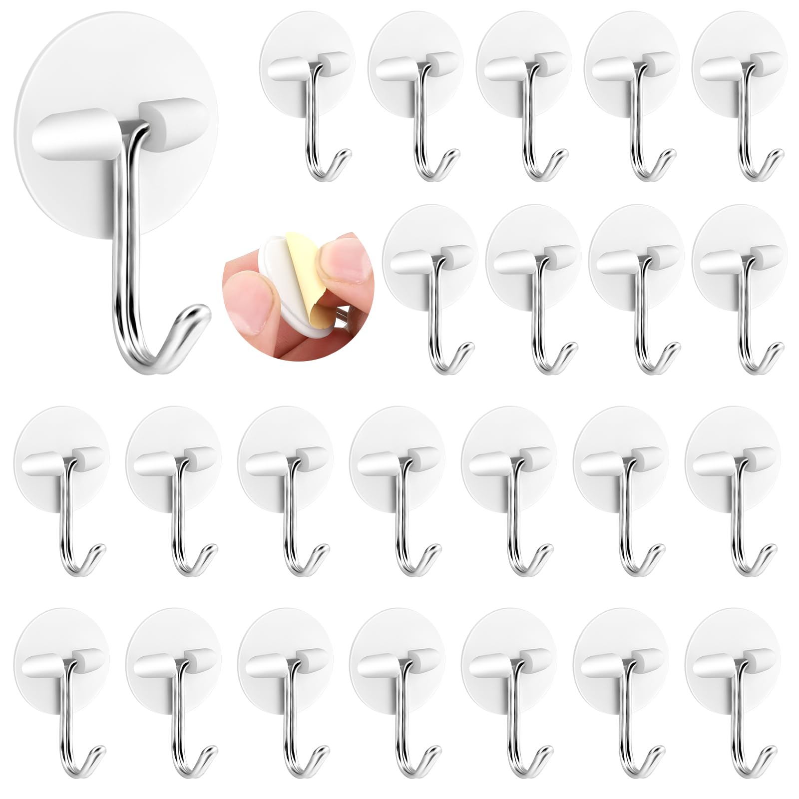 24pcs Round Plastic Hooks Ceiling Small Self Stick Hooks for Hanging Wall Hooks White Self Adhesive Hooks Seamless Self Sticky Hook Stainless Hooks Waterproof Oil Proof for Kitchen Hanging Utensils