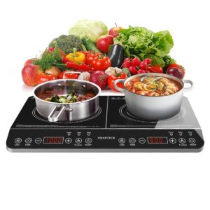 double induction cooktop,1500w/1800w portable electric stove,2 large 8” heating coils,independent control,8/10 temperature & power levels,3-hour timer, safety lock