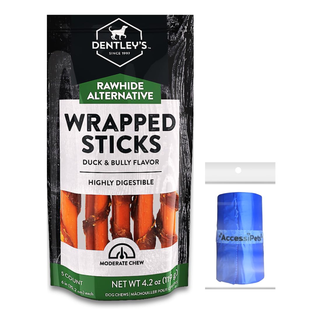 AccessiPets Dog Chews Bundles for All Sized Dogs, Rawhide Free Alternative 6 inch Duck Wrapped Bully Sticks Bundle with 1 Dog Waste Roll (Duck, 5 Count)