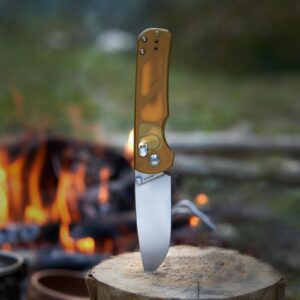 OKNIFE Rubato 4 PEI Folding Knife, CPM-S35VN Steel, 3.04" Blade Amber Handle with Deep Pocket Clip, Drop Point, Rail Lock, Thumb Stud