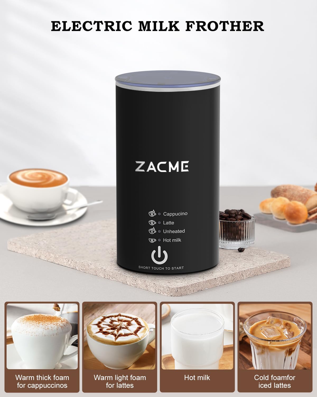 ZACME 4IN1 Single Serve Coffee Maker for K Cup &Ground, Small Coffee Machine with Milk Frother & Grinder, 5 Brew Size, 28oz Water Tank, Adjustable Drip Tray