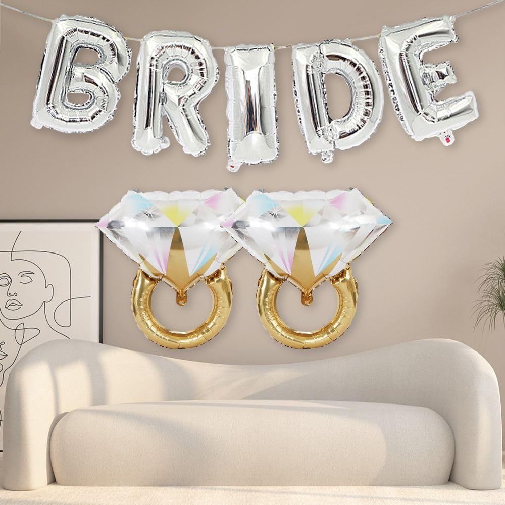 Uniquer Giant Bride Balloon with 2 PCS Ring Balloons, 16 Inch Letter Balloon, Diamond Ring Shape Balloons, Bachelorette Party Decorations(Silver)