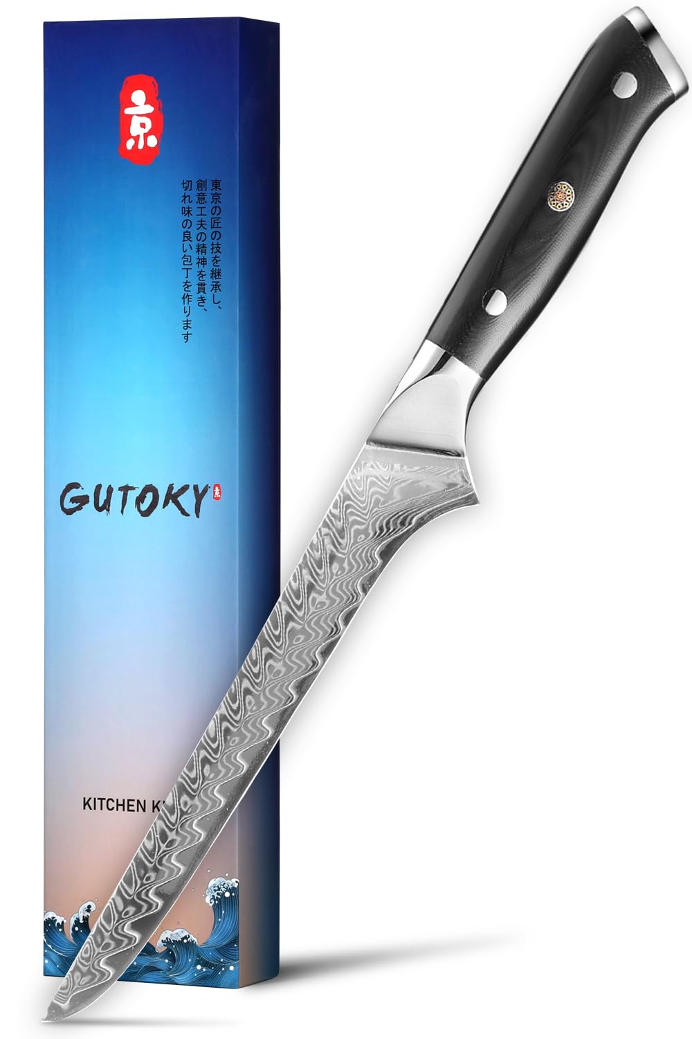 Gutoky 6 Inch Damascus Boning Knife, Feather Pattern Blade with G10 Handle, Japanese AUS10 Steel, Professional Kitchen Fillet Knife