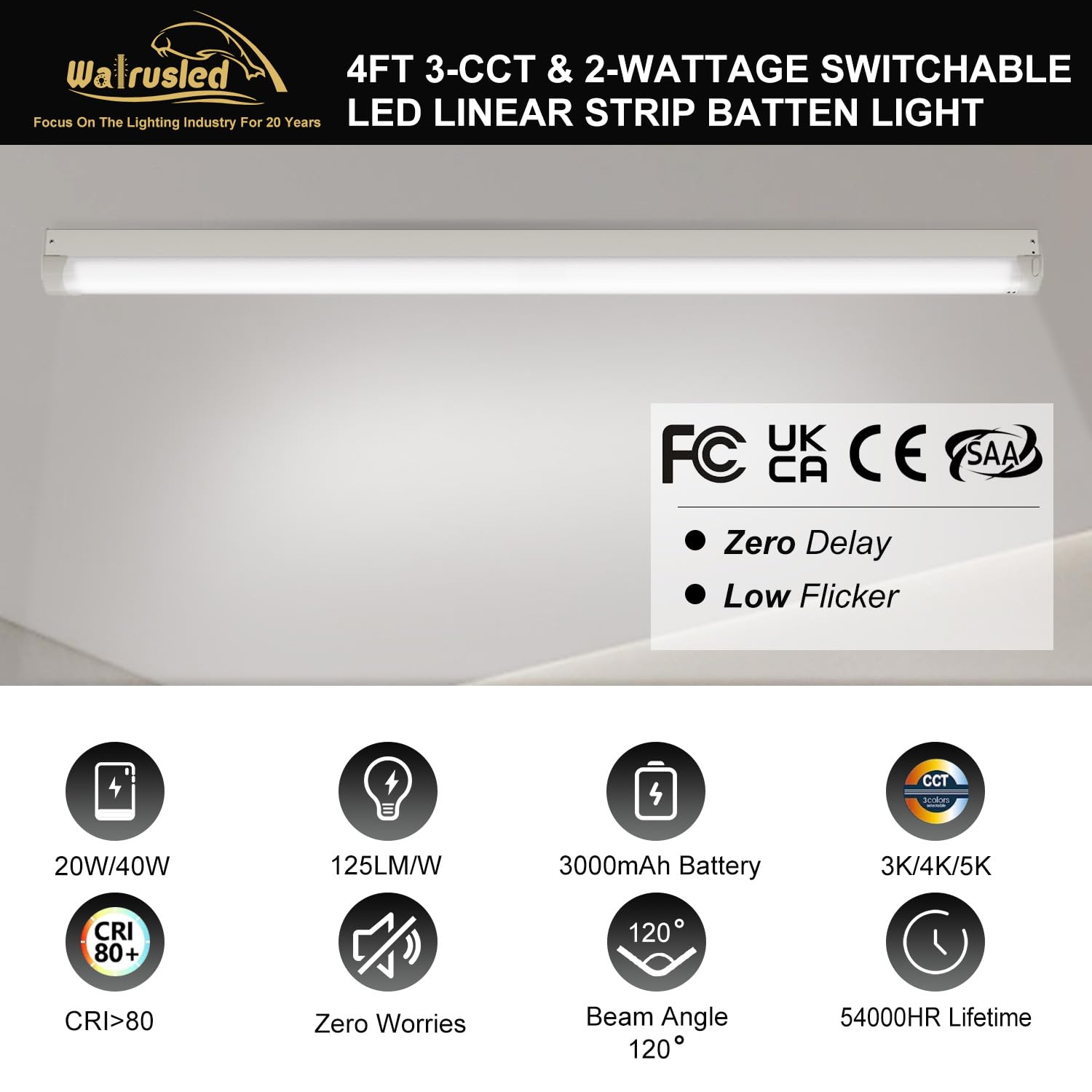 4FT LED Linear Strip Emergency Stairwell Light, 2 Watt/3 CCT Selectable, 20W/40W, 2500lm/5000lm, Battery Backup, 30K/40K/50K, IP20, 0-10V Dimmable 4 Foot Commercial LED Shop Ceiling Light Fixture, FCC