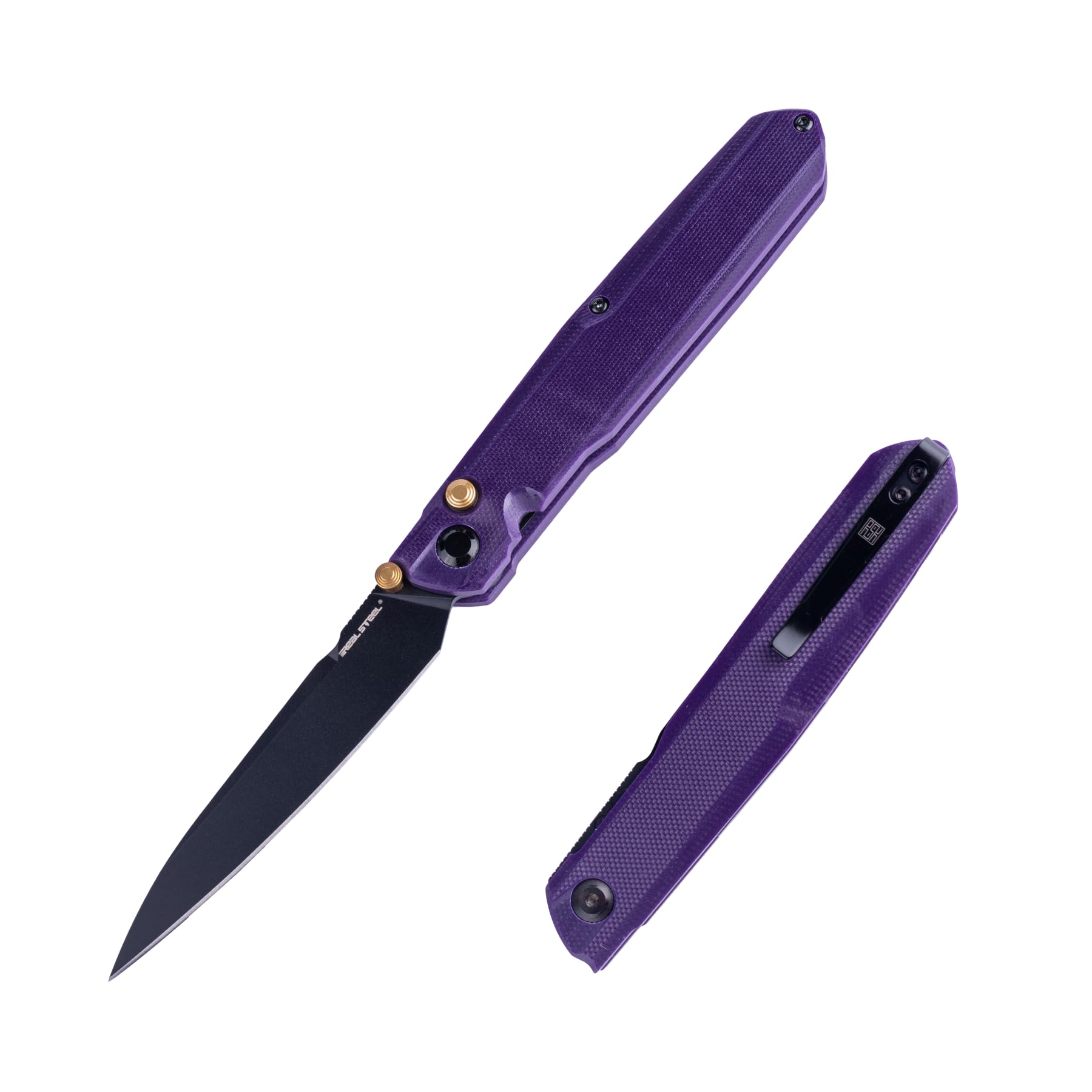 Real Steel Metamorph G5 Button Lock Folding Pocket Knife - 14C28N Steel Blade and G10 Handle - Deep Carry Pocket Clip (Purple G10/Black)