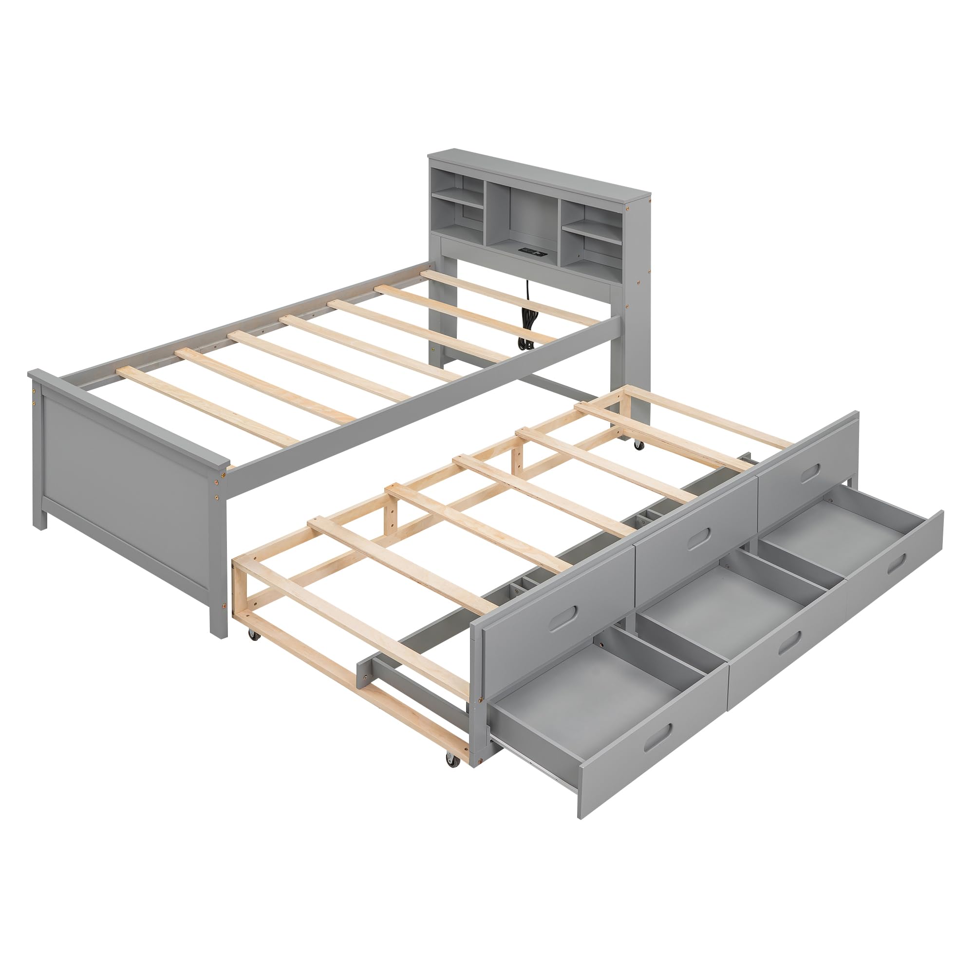Twin Size Bed Frame Wooden Platform Bed with Storage Bookcase Headboard and Charging Station, Twin Storage Bed Frame with Trundle and 3 Drawers for Kids, Teens, Adults, No Box Spring Needed (Gray)