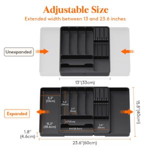 Lifewit Silverware Organizer for Kitchen Drawers, Expandable Utensil Tray with Removable Knife Block, Adjustable Cutlery and Flatware Holder, Plastic Spoon Forks Holder Storage Divider, Large, Black