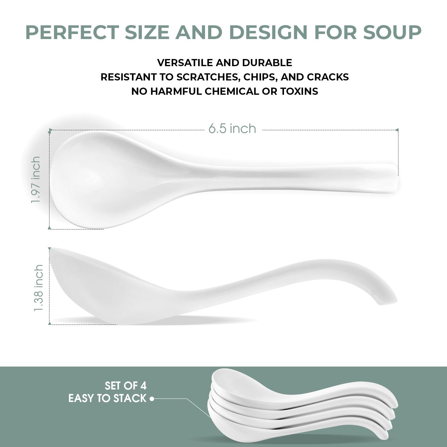 DAHO GOMSU Asian Ceramic Soup Spoon with Long Handle Easy to Hold, Non-slip Bottom, for Soups, Japanese Ramen, Miso, Chinese and Vietnamese Wonton, Dumplings, Pho, Noodle, and Korean Soups, Set of 4