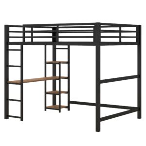 Bellemave Full Size Loft Bed with Desk,Metal Loft Bed with Storage Shelves,Heavy Duty Metal Loft Bed for Kids Teens Adults,Black