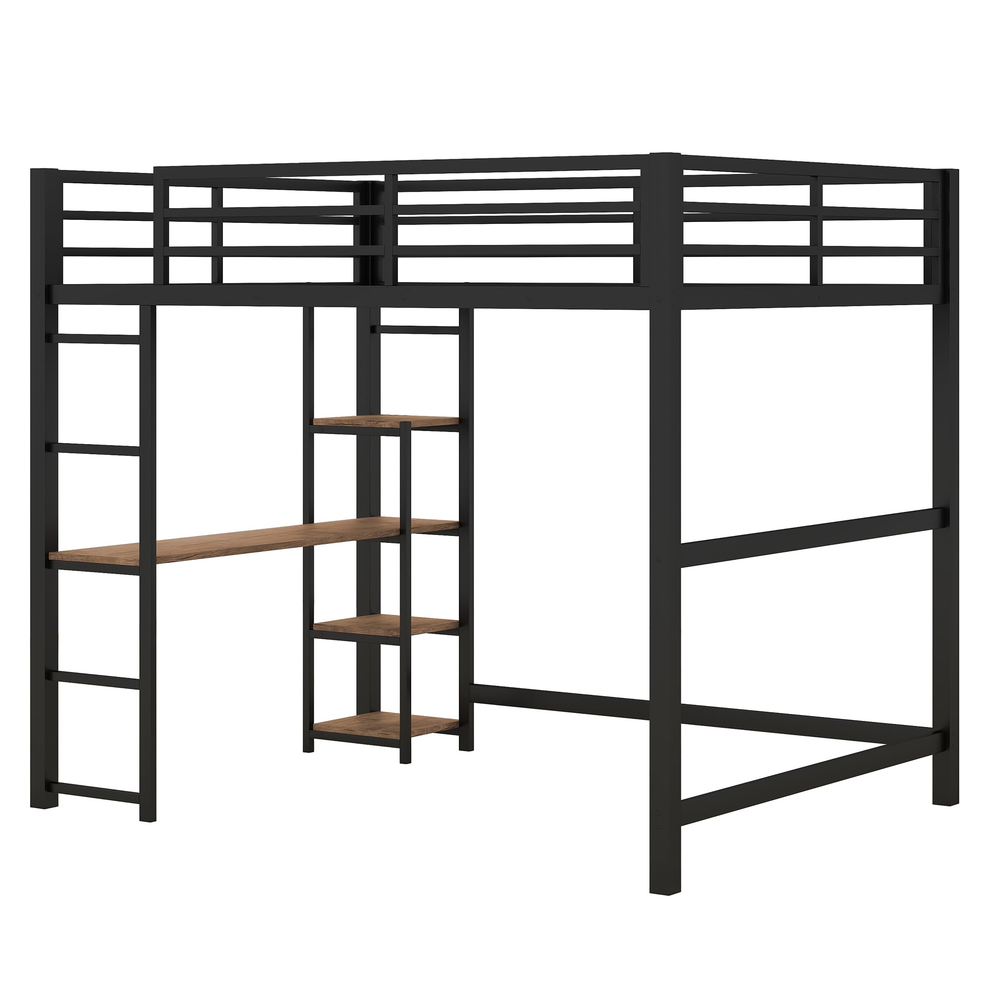 Bellemave Full Size Loft Bed with Desk,Metal Loft Bed with Storage Shelves,Heavy Duty Metal Loft Bed for Kids Teens Adults,Black