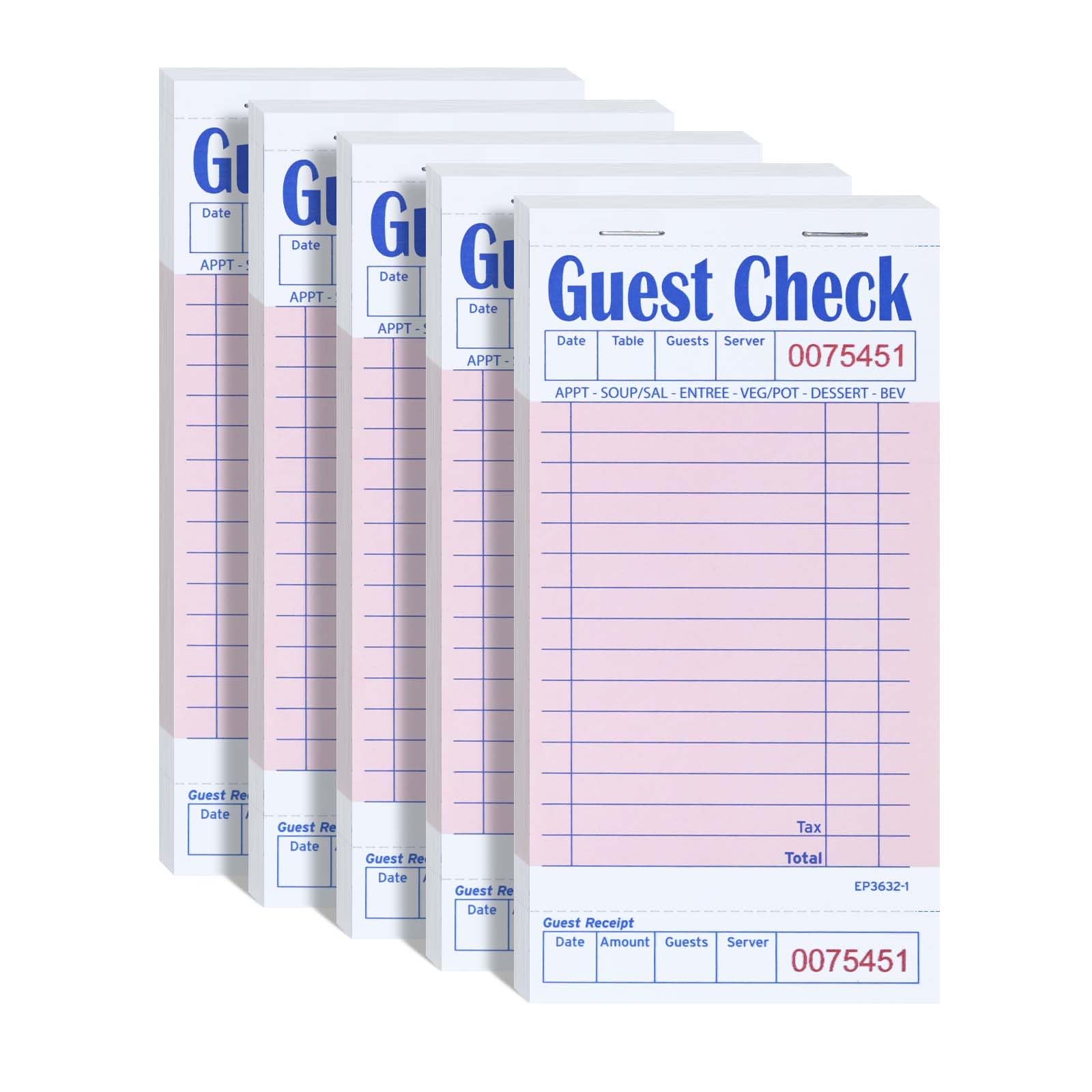 DGBDPACK Server Guest Checkbook, 5 Pack EP-3632-1 Server Note Book, Thick Server Paper with Guest Receipts, Waitress Notepads - 250 Orders Total (Pink, 6.75" x 3.5")