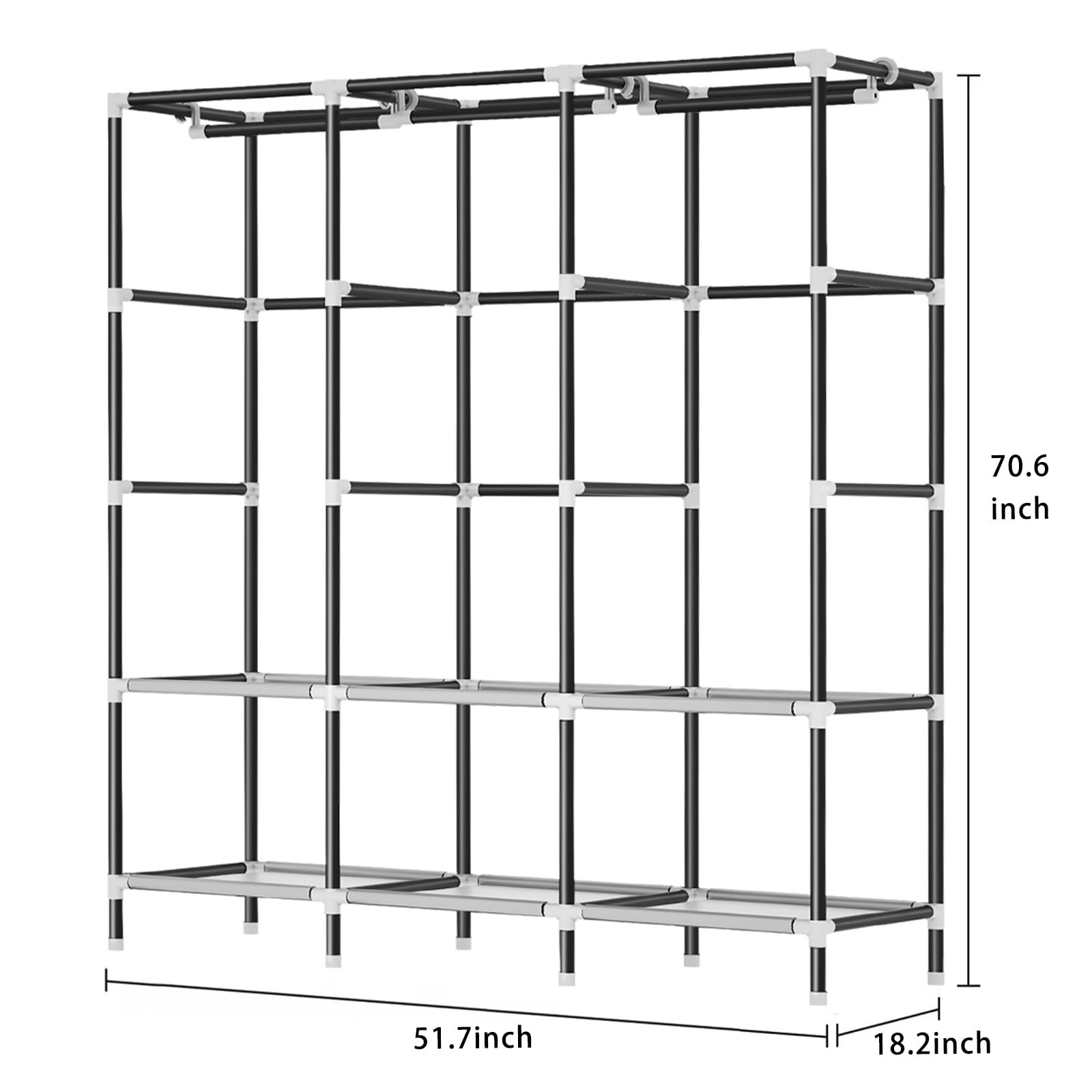 LOKEME Wardrobe Closet,Portable Closet for Bedroom Steel Pipe Diameter 19mm Strong and Sturdy Black Portable Closets for Hanging Clothes with 3 Hanging rods, 6 Storage Shelves and Side Pockets