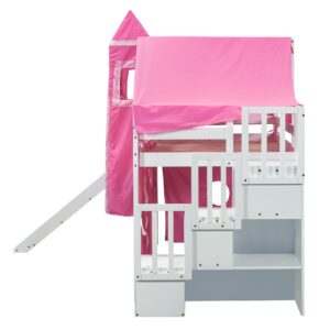 Harper & Bright Designs House Twin Loft Bed with Slide,Storage Stairs and Tent, Wood Kids Loft Bunk Bed with Tower and Ladders, Playhouse Twin Bed Frame for Kids, Teens, Boys & Girls (Twin, Pink)