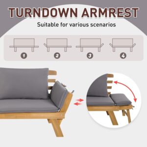 PayLessHere Outdoor Couch Patio Couch Daybed with Adjustable Armrest, Wooden Loveseat with Cushion and Pillow, and Expandable Plate