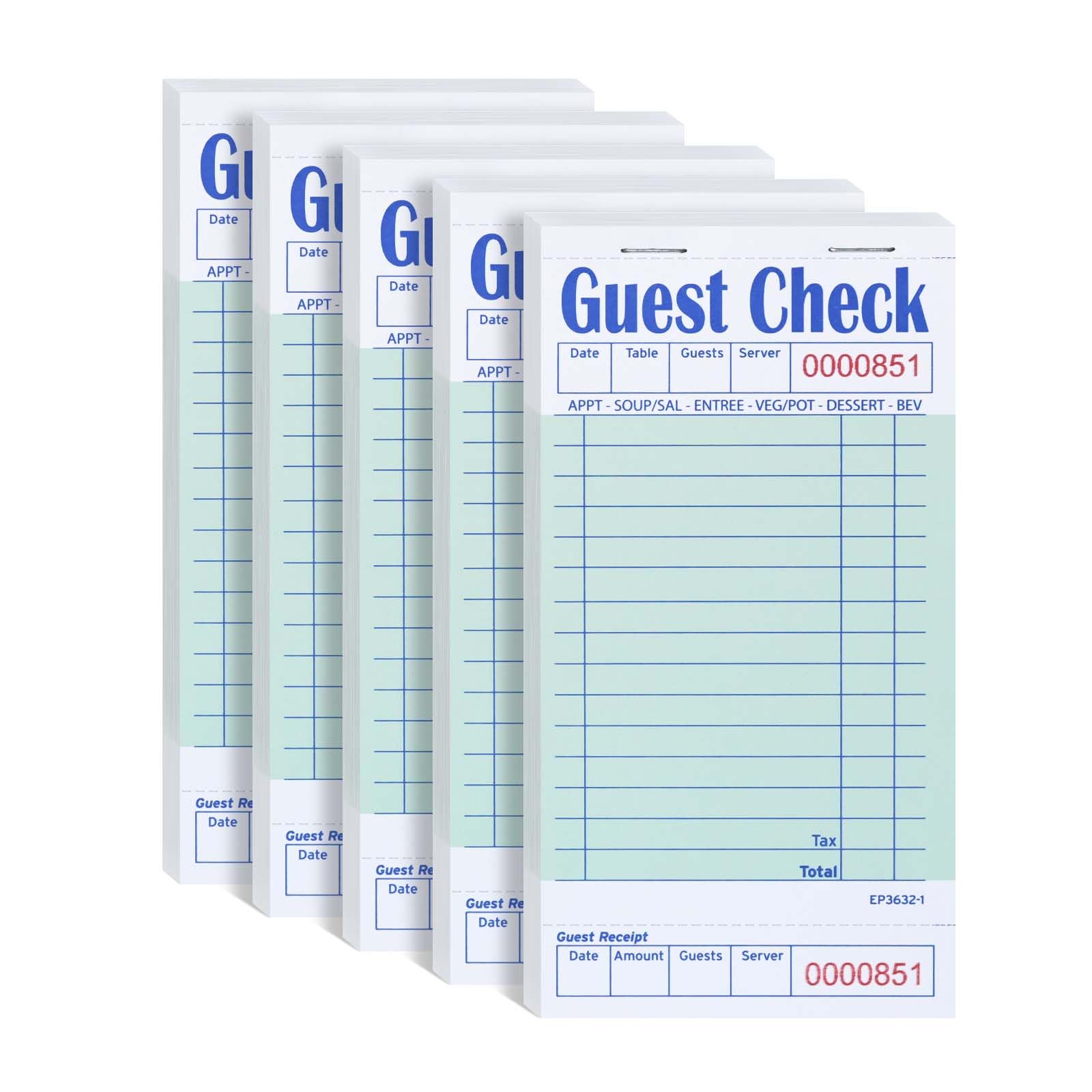 DGBDPACK Guest Check Books for Servers, 5 Pack of EP-3632-1 Server Note Pads, Thick Server Paper with Guest Receipt, Waitress Notepads - 250 Orders Total (Green, 6.75"x3.5")