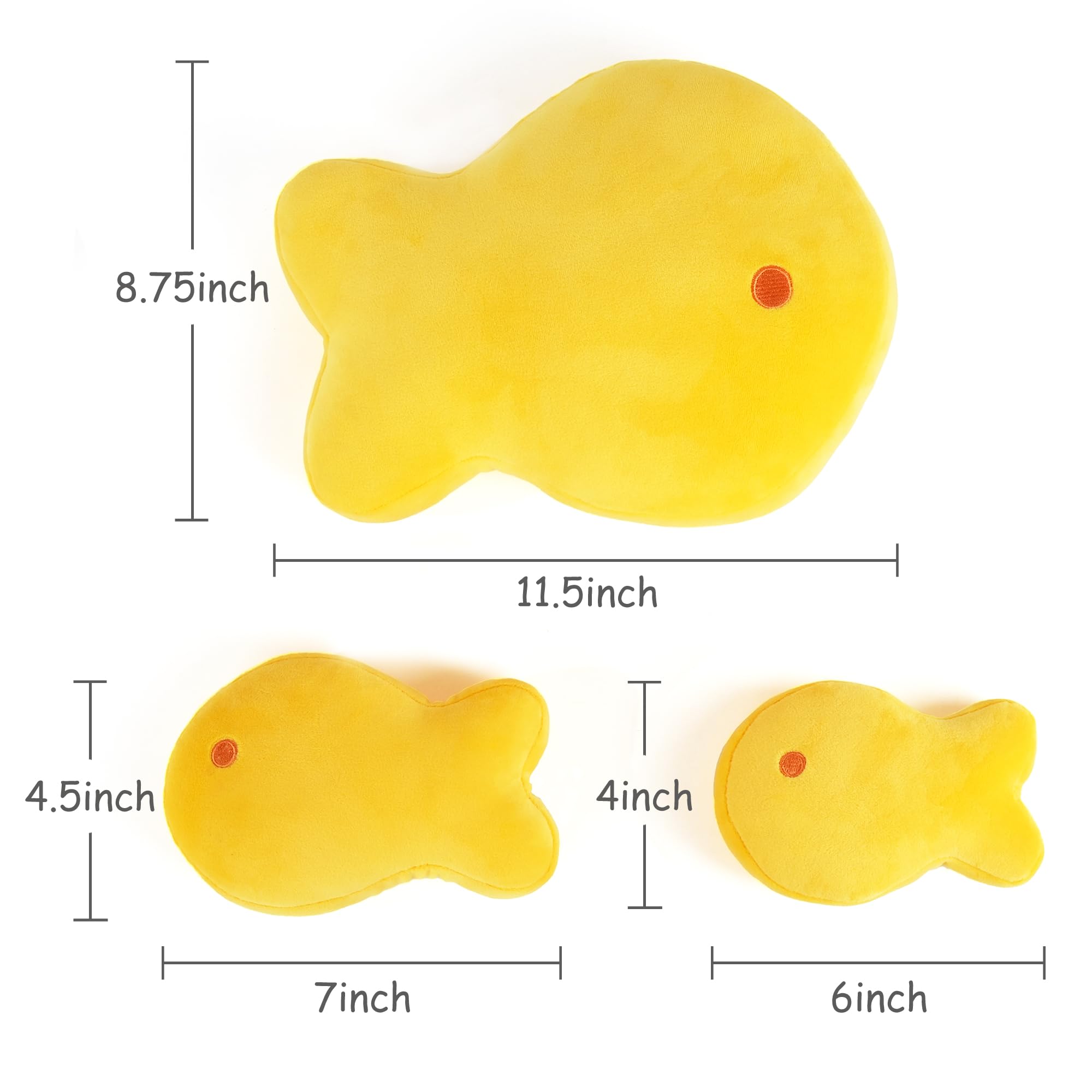 BenBen Goldfish Plush Toys, Set of 3, Goldfish Cracker Plushies, 11.5”, 8.75” and 7” Cute Gold Fish Stuffed Animal, Kawaii Food Plush, Fun Decorative Pillows for Room Décor