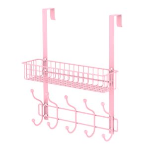 milijia over the door hooks with 5 hooks & mesh baskets, rustproof & waterproof coat hanger, detachable storage coat rack for towels, hats, handbags, coats, closet (pink)