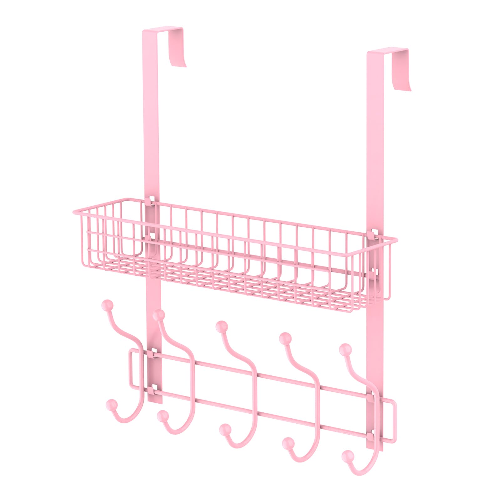 MILIJIA Over The Door Hooks with 5 Hooks & Mesh Baskets, Rustproof & Waterproof Coat Hanger, Detachable Storage Coat Rack for Towels, Hats, Handbags, Coats, Closet (Pink)