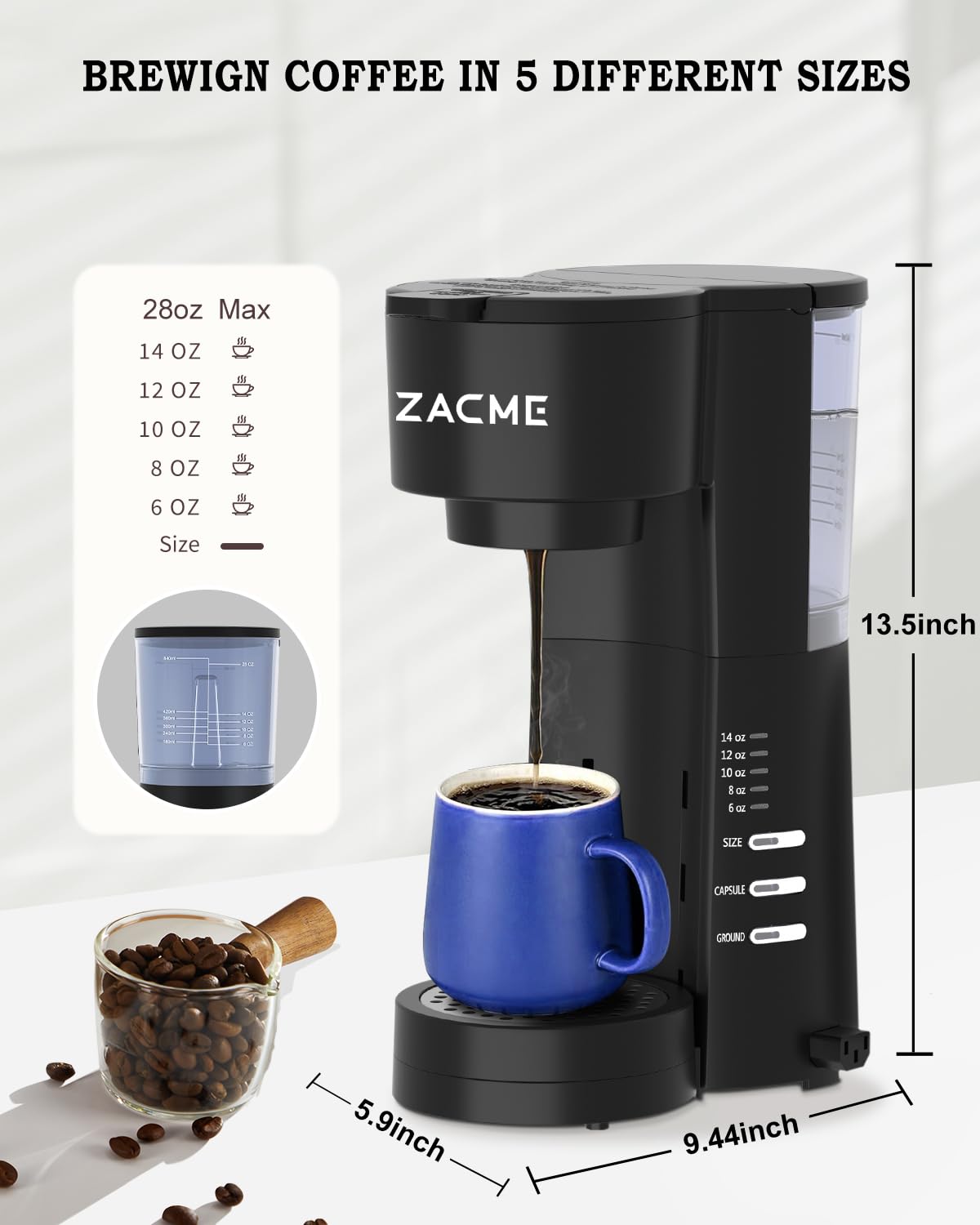 ZACME 4IN1 Single Serve Coffee Maker for K Cup &Ground, Small Coffee Machine with Milk Frother & Grinder, 5 Brew Size, 28oz Water Tank, Adjustable Drip Tray