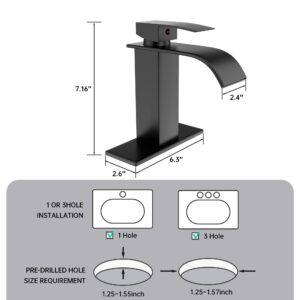 BASDEHEN Black Waterfall Spout Bathroom Faucet, Stainless Steel Single Hole Bathroom Sink Faucet, RV Vanity Faucet with Deck Plate, 1-Hole or 3-Hole Bathroom Sink Faucet (Matte Black)