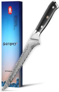 gutoky 6 inch damascus boning knife, feather pattern blade with g10 handle, japanese aus10 steel, professional kitchen fillet knife