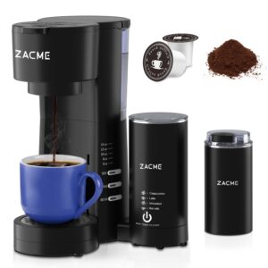 zacme 4in1 single serve coffee maker for k cup &ground, small coffee machine with milk frother & grinder, 5 brew size, 28oz water tank, adjustable drip tray