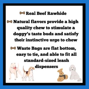 AccessiPets Dog Chews Bundles for Medium and Large Dogs, 6 inch Highly Digestible Rawhide Rolls Bundle with 1 Dog Waste Roll (Natural Beefhide, 3 Count)