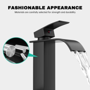 BASDEHEN Black Waterfall Spout Bathroom Faucet, Stainless Steel Single Hole Bathroom Sink Faucet, RV Vanity Faucet with Deck Plate, 1-Hole or 3-Hole Bathroom Sink Faucet (Matte Black)