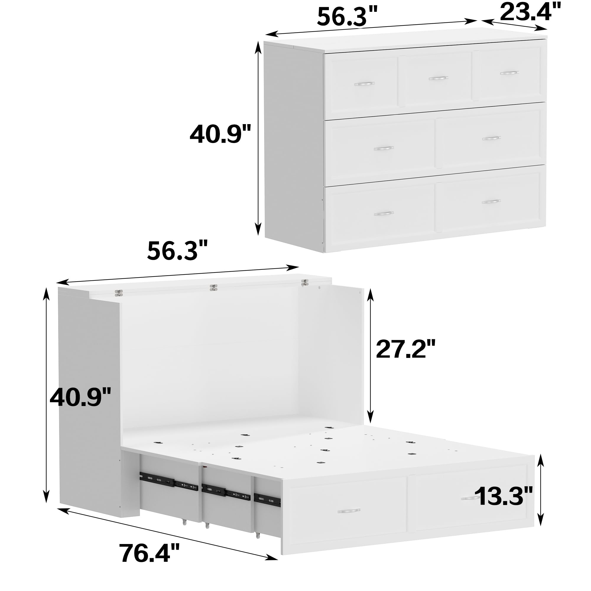 FAMAPY Full Size Murphy Bed with Charging Station & Drawer, Mobile Cabinet Bed Murphy Chest Bed, Space-Saving Folding Murphy Bed for Bedroom Guest Room White (76.4”W x 56.3”D x 40.9”H)