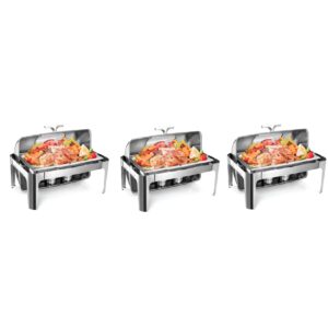 roll top chafing dish buffet set, 9 quart 1/2 size pan chafer, rectangle stainless steel set, for wedding, parties, banquet, catering event, 3 pack